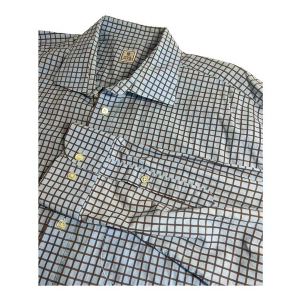 Peter Millar Mens Long Sleeve Checkered Cotton Blue & Brown‎ Shirt XL